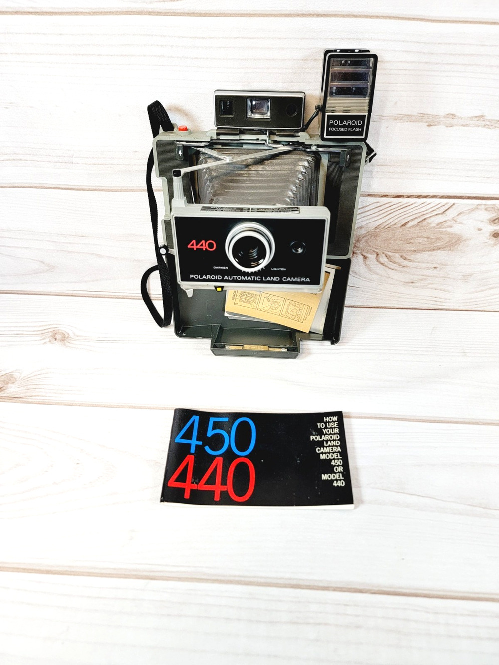 Polaroid Automatic Land Camera 440 W/Focused Flash Attachment & Manual Vintage